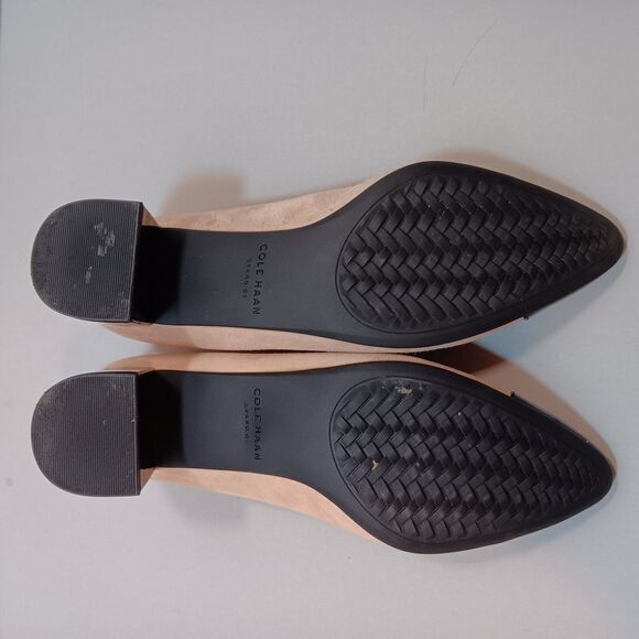 Cole Haan W26302 Suede Cap Toe Block Heel Pumps Tan/Nude Black Patent 8B - Picture 9 of 11